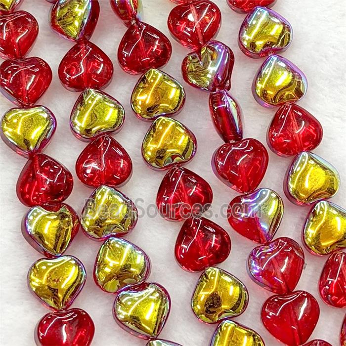 Red Crystal Glass Heart Beads Golden Electroplated