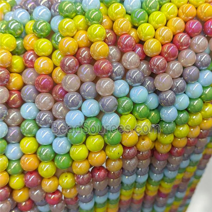 Round Jadeite Glass Beads Mixed Color Electroplated Smooth