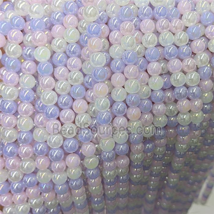 Purple Pink Jadeite Glass Beads Smooth Round Electroplated