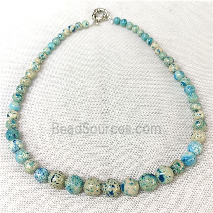 Natural River Jasper Graduated Necklace Teal Dye Smooth Round