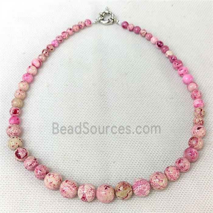 Natural River Jasper Graduated Necklace Hotpink Dye Smooth Round