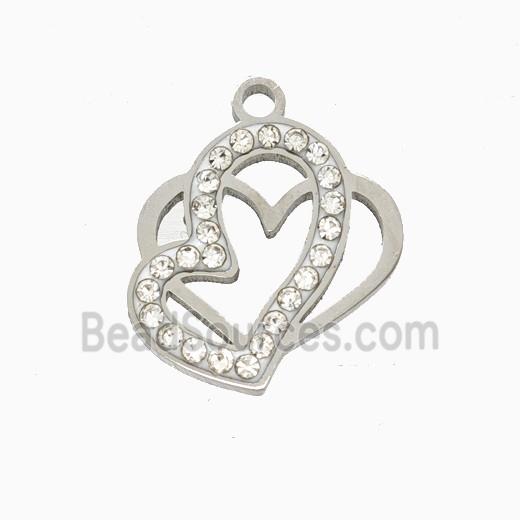 Raw Stainless Steel Heart Pendant Pave Rhinestone