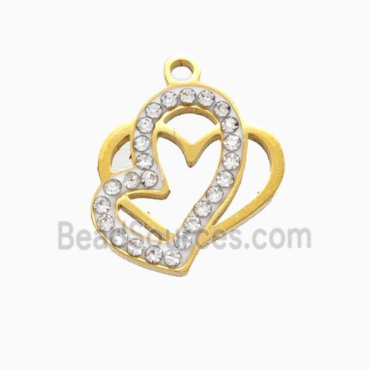 Stainless Steel Heart Pendant Pave Rhinestone Gold Plated