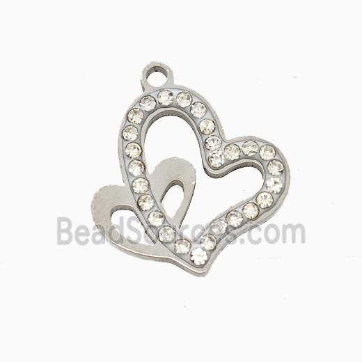 Raw Stainless Steel Heart Pendant Pave Rhinestone