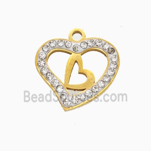 Stainless Steel Heart Pendant Pave Rhinestone Gold Plated