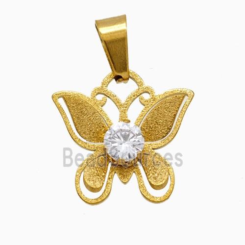 Stainless Steel Butterfly Pendant Pave Rhinestone Gold Plated