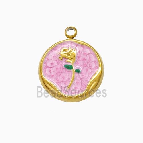 Stainless Steel Flower Pendant Pink Painted Gold Plated