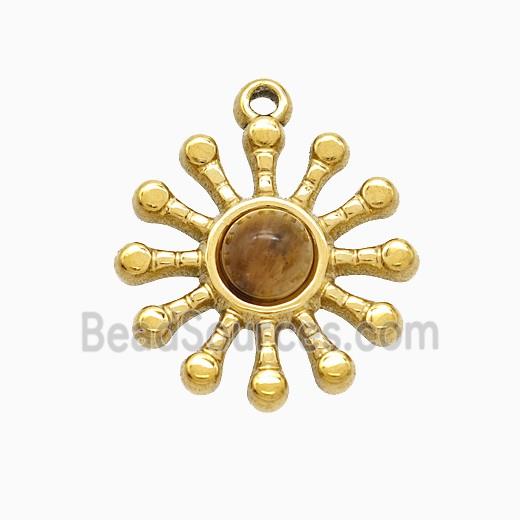 Stainless Steel Flower Pendant Pave Tigereye Gold Plated