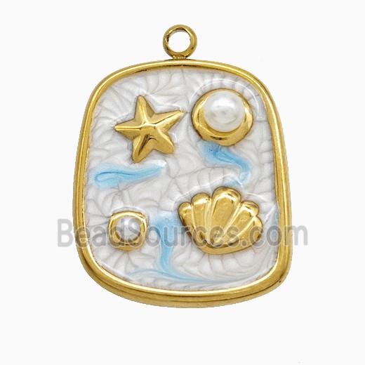 Stainless Steel Starfish Shell Pendant Pave Resin White Painted Gold Plated