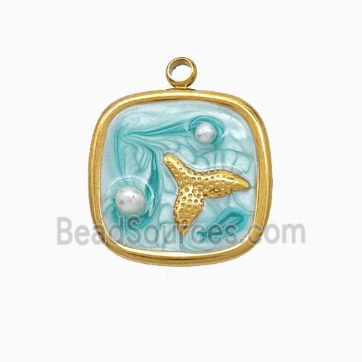 Stainless Steel Mermaid-Tail Pendant Pave Resin Green Painted Gold Plated