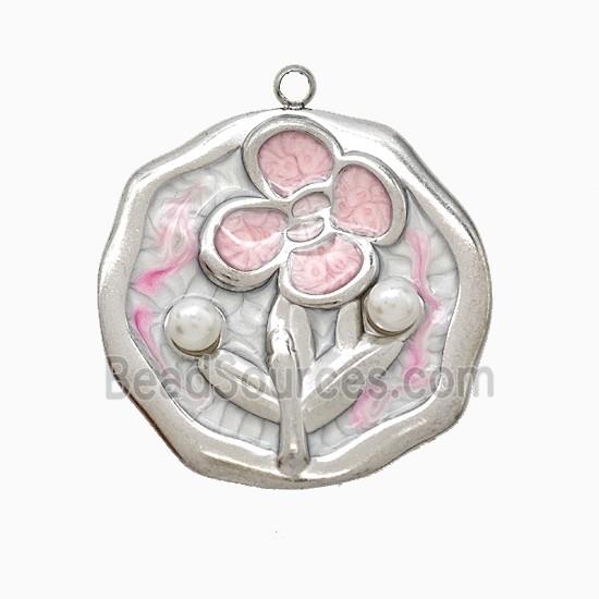 Raw Stainless Steel Flower Pendant Pink Painted