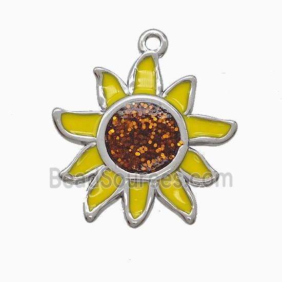 Raw Stainless Steel Sunflower Pendant Yellow Enamel