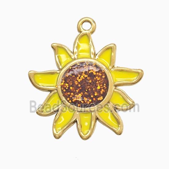 Stainless Steel Sunflower Pendant Yellow Enamel Gold Plated