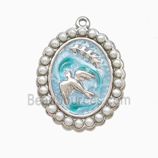 Raw Stainless Steel Bireds Pendant Pave Resin Teal Painted Leaf