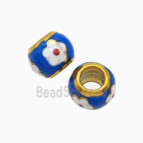 Stainless Steel Round Beads Blue Enamel Large Hole Flower Gold Plated