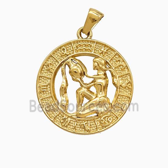 Stainless Steel Symbols Pendant Zodiac Aquarius Circle Gold Plated
