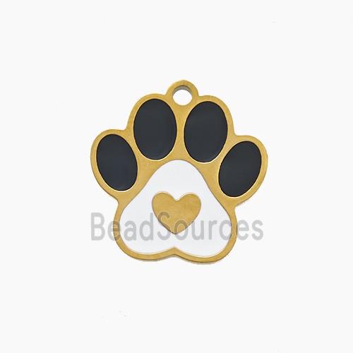 Stainless Steel Paws Pendant Black White Enamel Gold Plated
