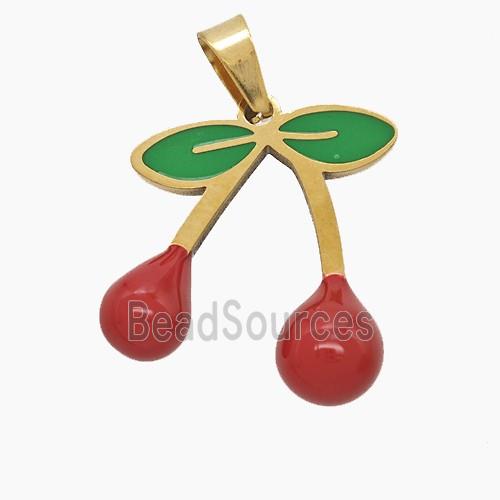 Stainless Steel Cherry Pendant Red Green Enamel Gold Plated
