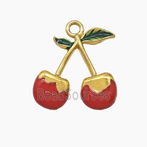 Stainless Steel Cherry Pendant Red Enamel Gold Plated