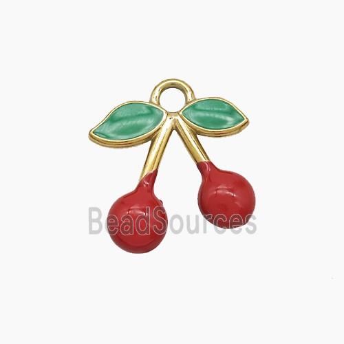 Stainless Steel Cherry Pendant Green Red Enamel Gold Plated