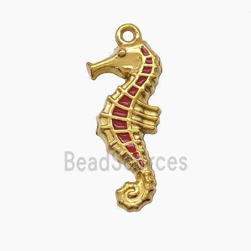 Stainless Steel Seahorse Pendant Red Enamel Gold Plated