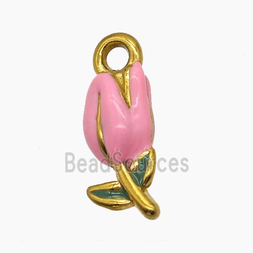 Stainless Steel Tulip Pendant Pink Enamel Flower Gold Plated