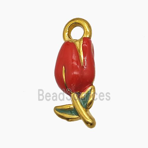 Stainless Steel Tulip Pendant Red Enamel Flower Gold Plated
