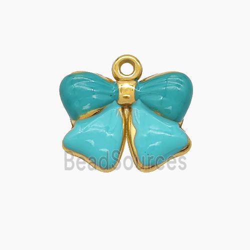 Stainless Steel Bowknot Pendant Green Enamel Gold Plated