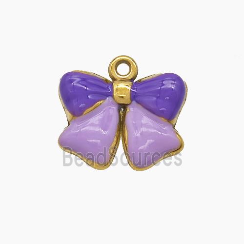 Stainless Steel Bowknot Pendant Purple Enamel Gold Plated