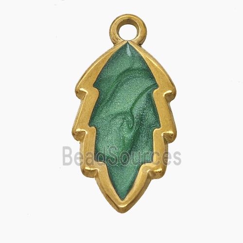 Stainless Steel Leaf Pendant Green Painted Gold Plated
