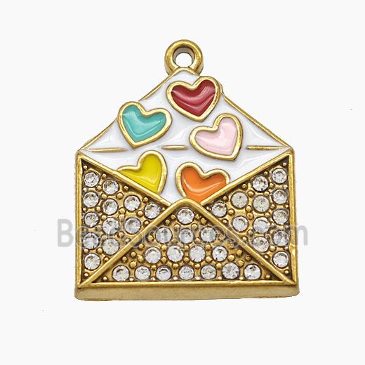 Stainless Steel Envelope Pendant Pave Rhinestone Enamel Lover Gold Plated
