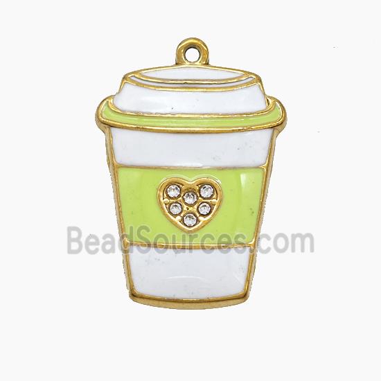 Stainless Steel Cup Pendant Pave Rhinestone Green Enamel Gold Plated