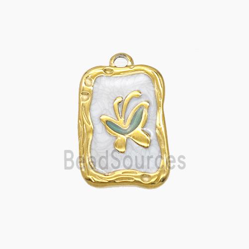 Stainless Steel Butterfly Pendant White Enamel Rectangle Gold Plated