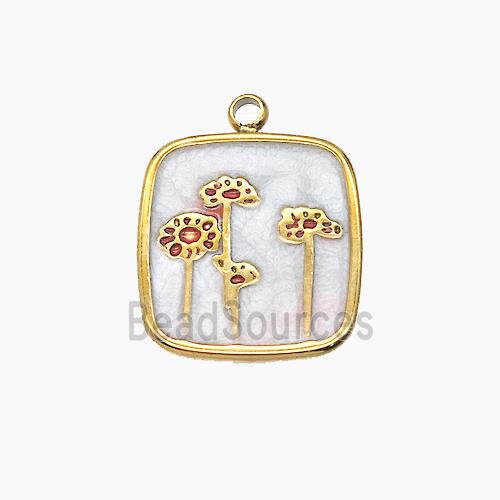 Stainless Steel Flower Pendant White Enamel Square Gold Plated
