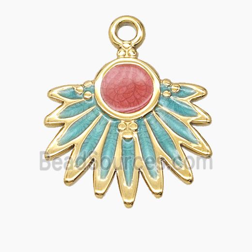 Stainless Steel Sunray Pendant Red Green Enamel Gold Plated