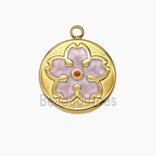 Stainless Steel Flower Pendant Pink Enamel Gold Plated