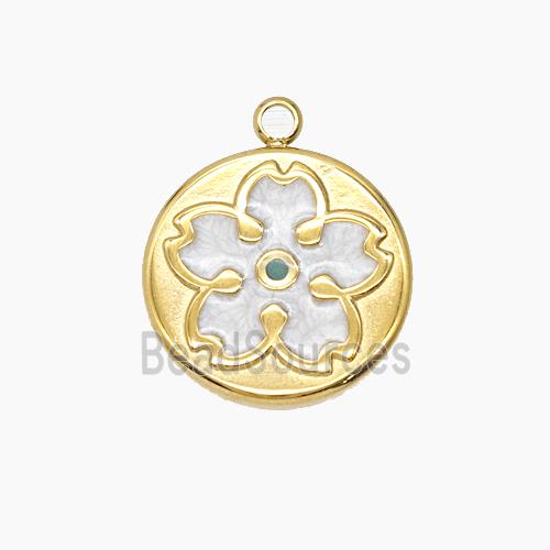 Stainless Steel Flower Pendant White Enamel Gold Plated