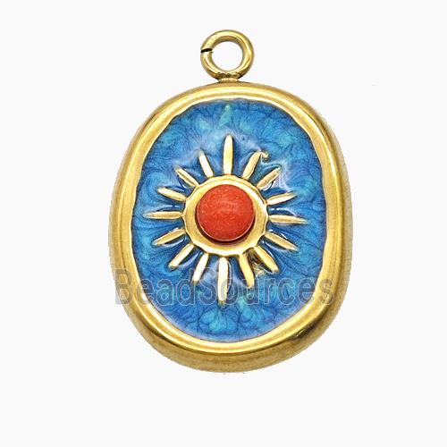 Stainless Steel Sun Pendant Pave Resin Blue Enamel Gold Plated