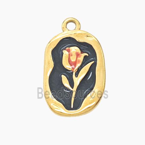 Stainless Steel Flower Pendant Black Enamel Gold Plated