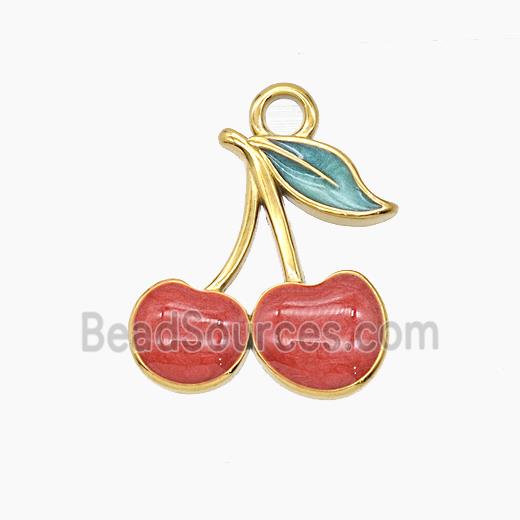 Stainless Steel Strawberry Pendant Red Enamel Gold Plated
