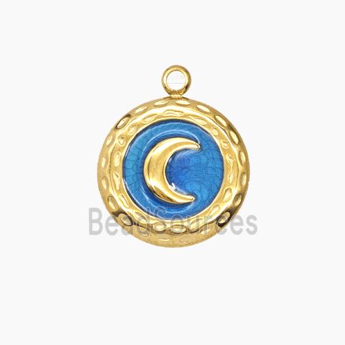 Stainless Steel Moon Pendant Blue Enamel Gold Plated