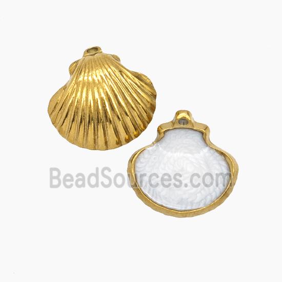 Stainless Steel Scallop Shell Pendant White Enamel Gold Plated