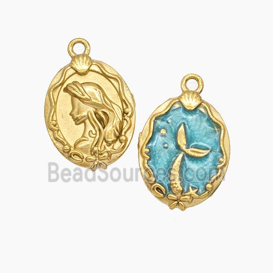 Stainless Steel Mermaid Pendant Green Enamel Gold Plated