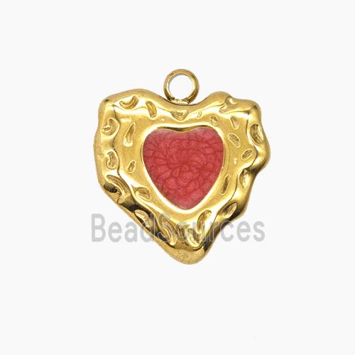 Stainless Steel Heart Pendant Red Enamel Gold Plated