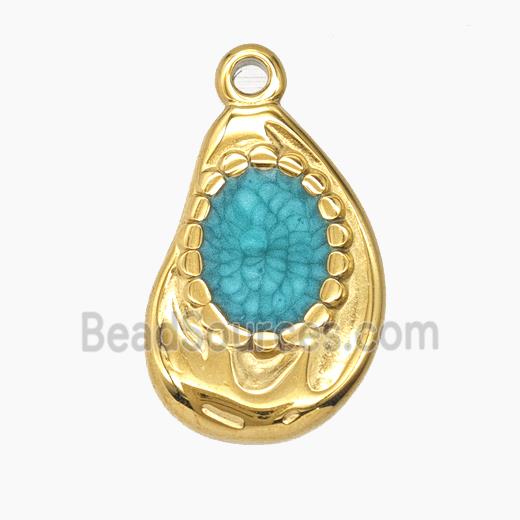 Stainless Steel Teardeop Pendant Green Enamel Gold Plated