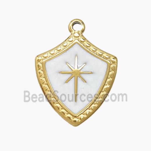 Stainless Steel Shield Pendant White Enamel Northstar Gold Plated