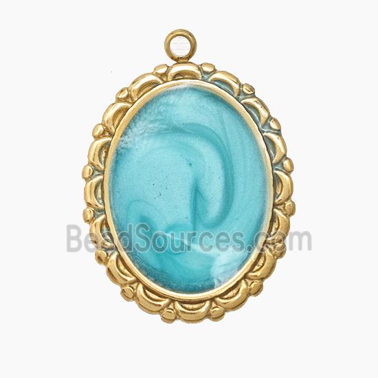 Stainless Steel Oval Pendant Green Enamel Gold Plated