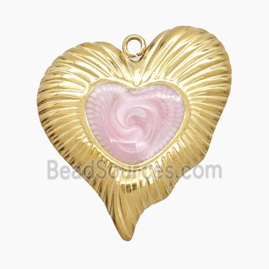 Stainless Steel Heart Pendant Pink Enamel Gold Plated