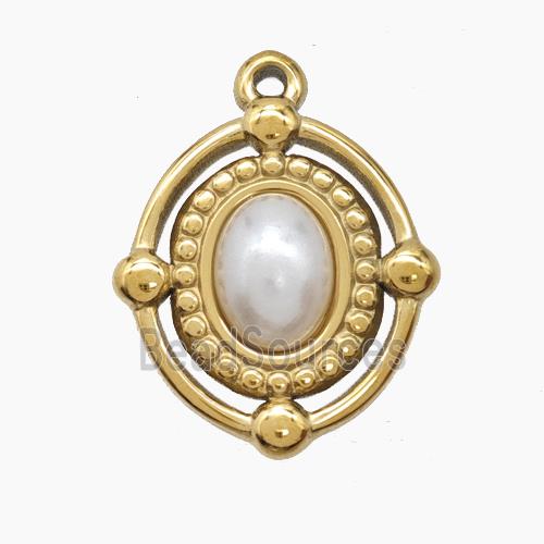 Stainless Steel Oval Pendant Pave Pearlized Resin Gold Plated