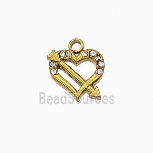 Stainless Steel Cupid Arrow Heart Pendant Pave Rhinestone Gold Plated